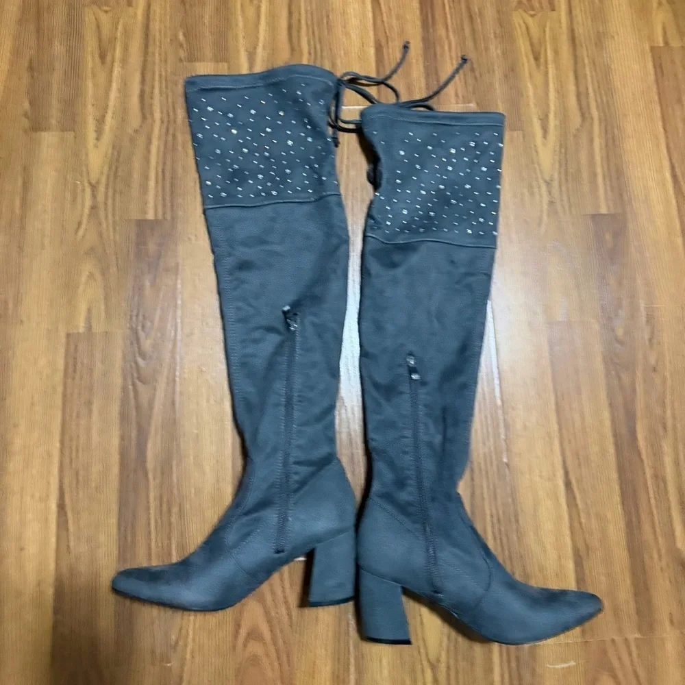 Olivia & Kate Grey Sparkle Embellished Rachel Above Knee Boots Size 8